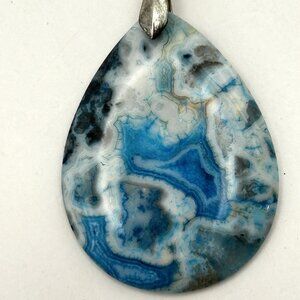 Blue Agate Teardrop Pendant Necklace Natural Stone Silver Tone 36in Chain